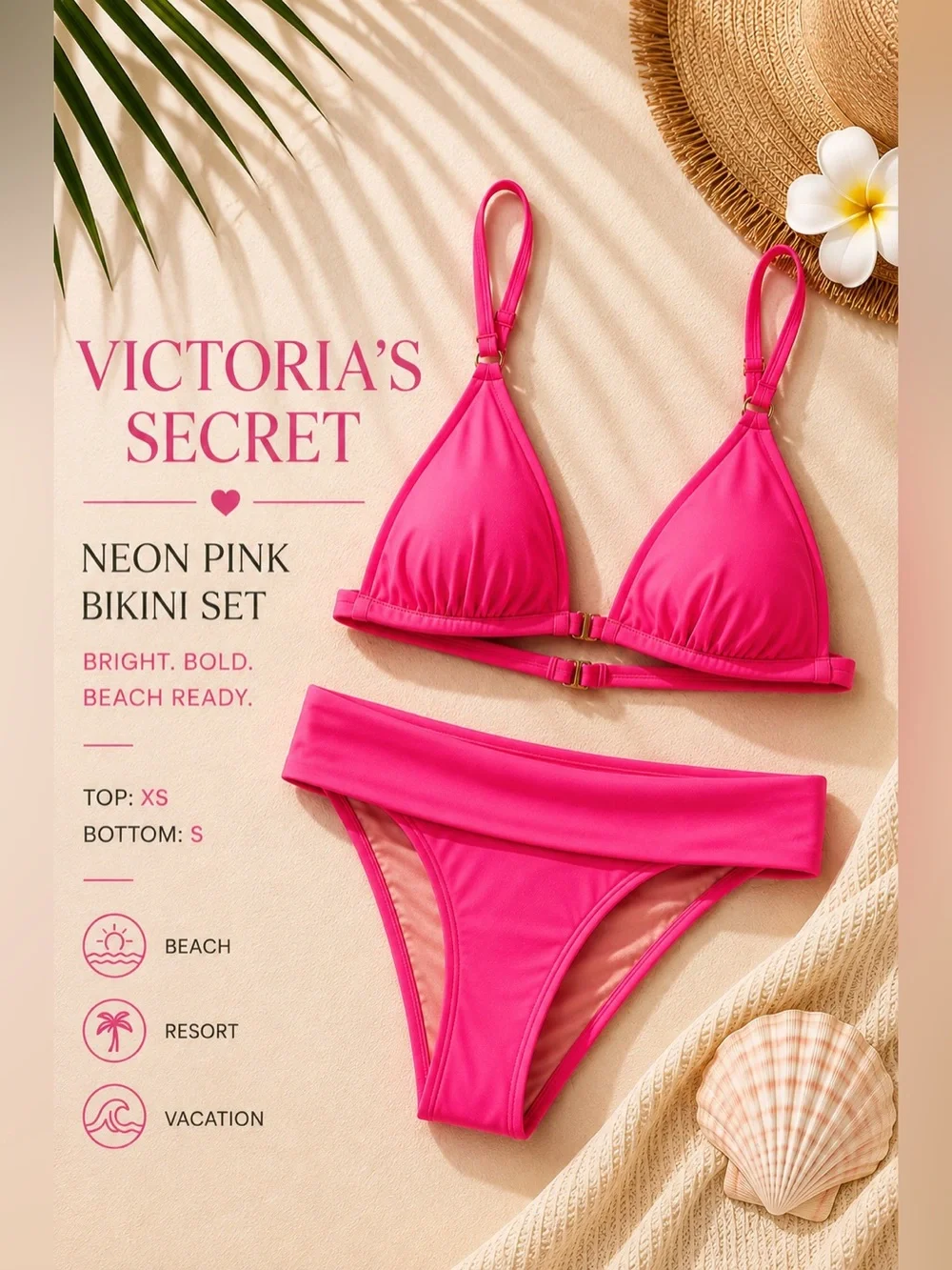 Victoria’s Secret Neon Pink Bikini Set Triangle Top XS Bottom Small